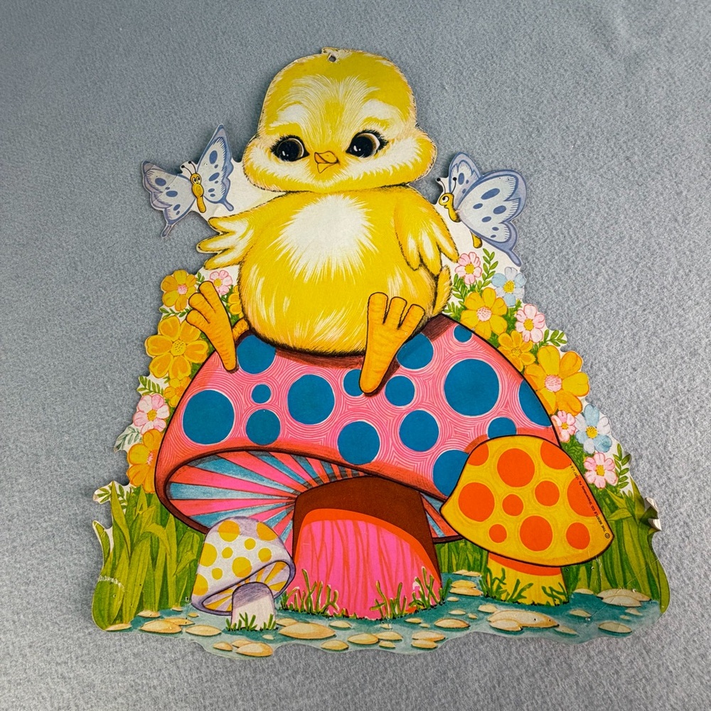 Vintage 1977 Beistle Spring Easter Chick on Mushroom 12" One Sided Diecut